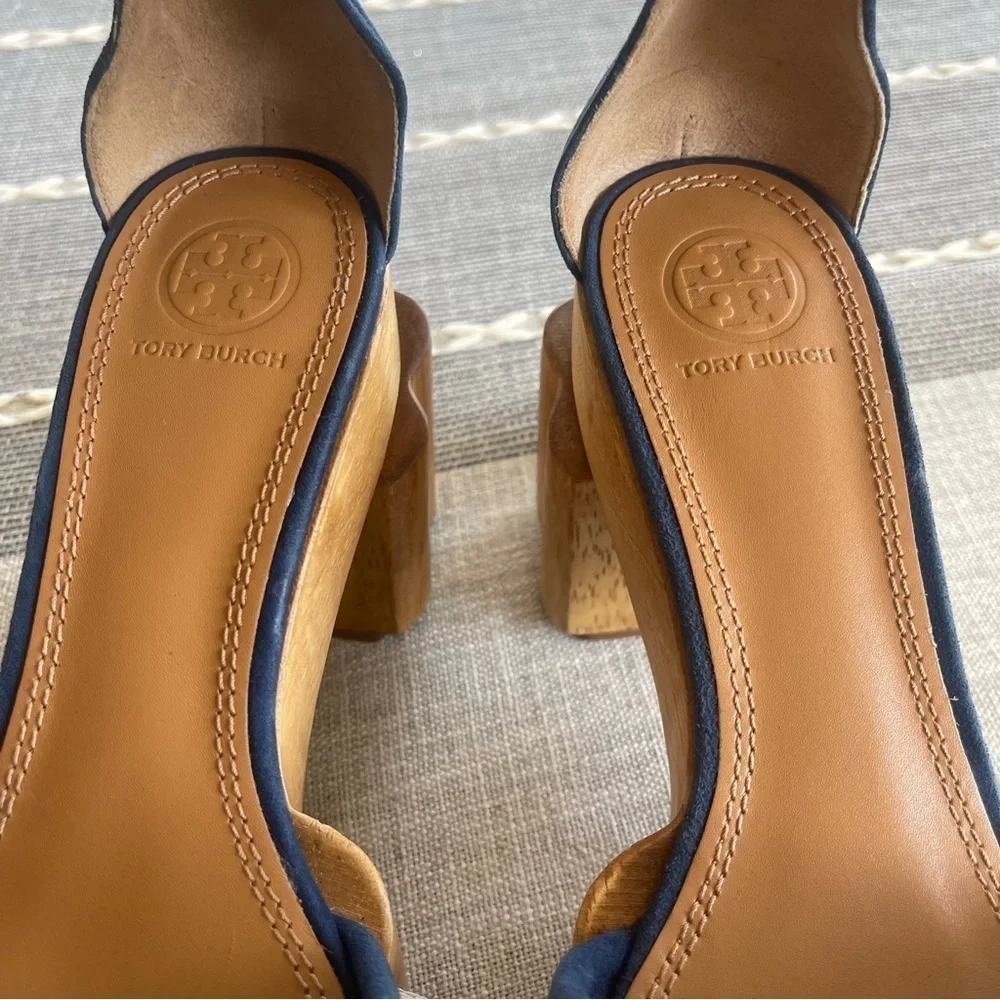 Tory Burch Alma Platform Sandals Heels Size 7 Fringe Suede Wooden Block Heel